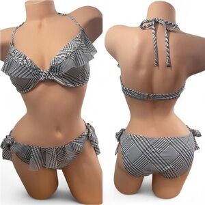 Betsey Johnson Bikini Gray and White Checkered Ruffles Vintage Retro Made in USA